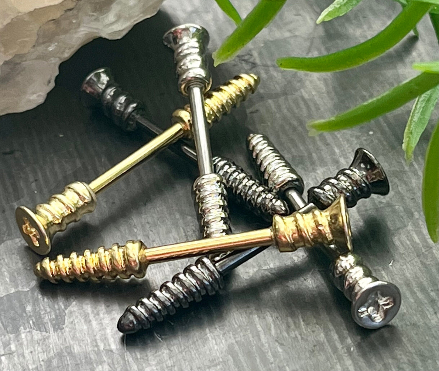 PAIR of Screw Shaped Steel Nipple Barbell/Rings -14g -Wearable Length 12mm(1/2") -Length 28mm (1&1/8")Gold, Hematite and Silver Available!