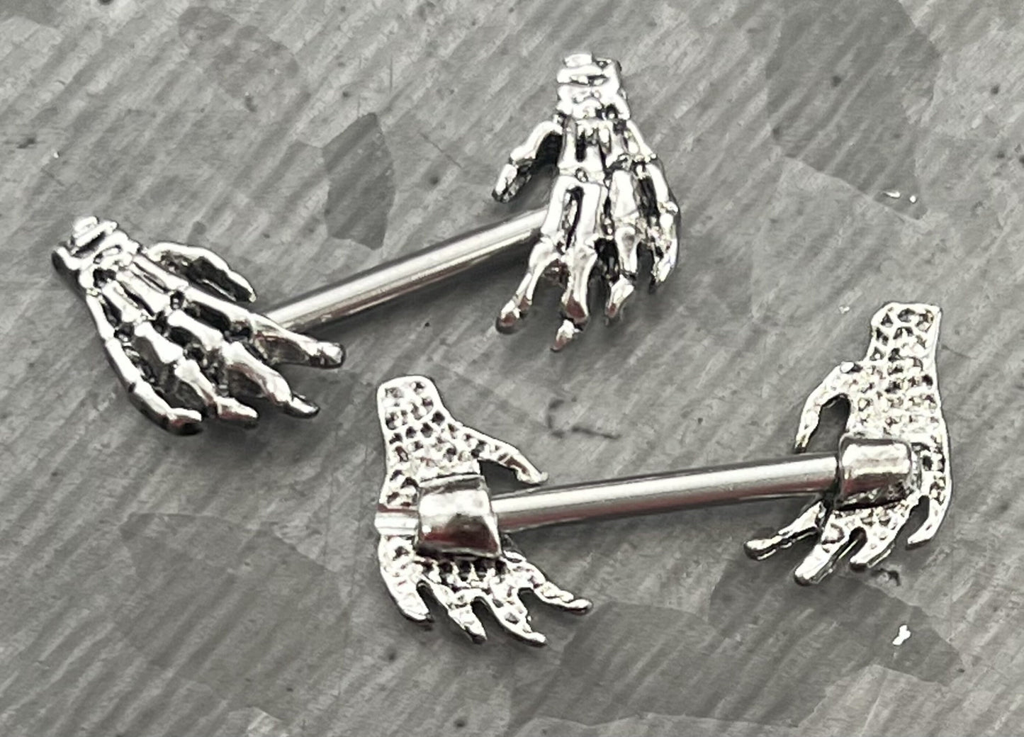 PAIR of Nipple Shields Skull Hand Ends Body Jewelry Surgical Steel Barbells Rings Skeleton