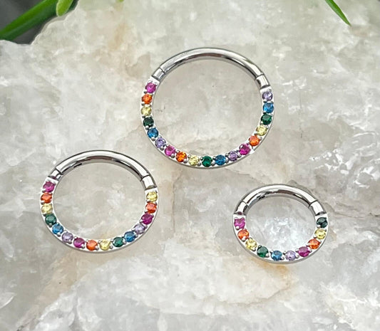 1 Piece Stunning Rainbow CZ Prong Set Front Hinged Segment Septum Ring - 16g - Internal Diameter 6mm, 8mm or 10mm available!