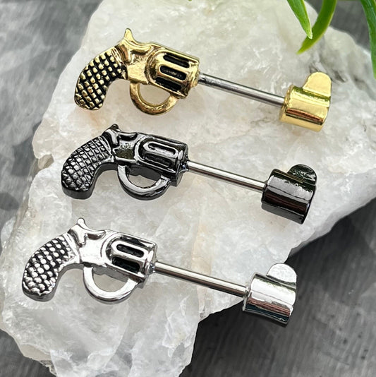 PAIR of Striking Revolver Pistol Gun Shaped Nipple Barbells/Rings - 14g - Wearable Length - 12mm - Black, Gold and Silver Available!