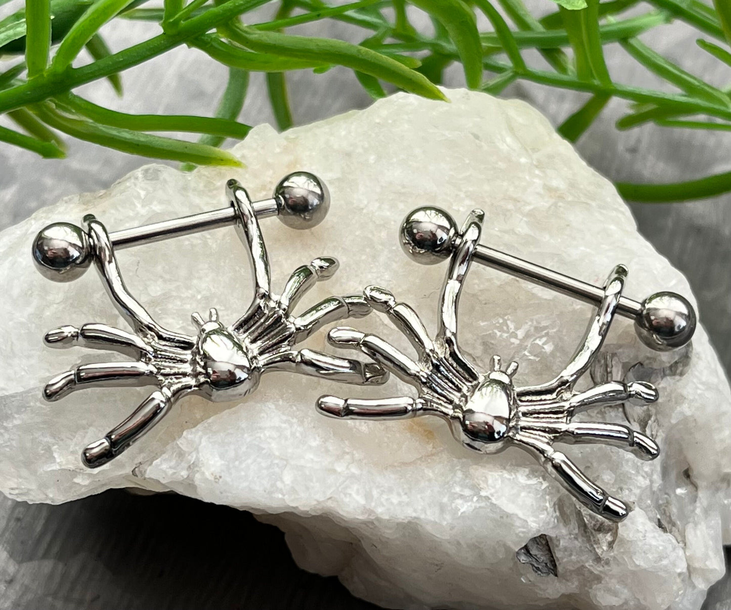 PAIR of Spooky Hanging Spider Steel Nipple Barbell/Shield/Rings - 14g - Wearable Length - Black & Silver Available!