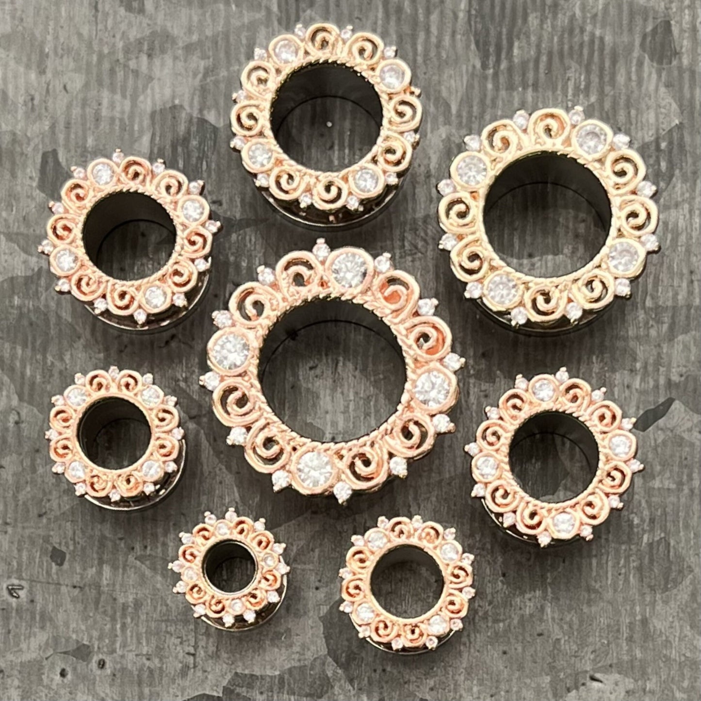 PAIR of Stunning Rose Gold CZ Gem Filigree Screw Fit Tunnels/Plugs - Gauges 2g (6mm) thru 5/8" (16mm) Available!