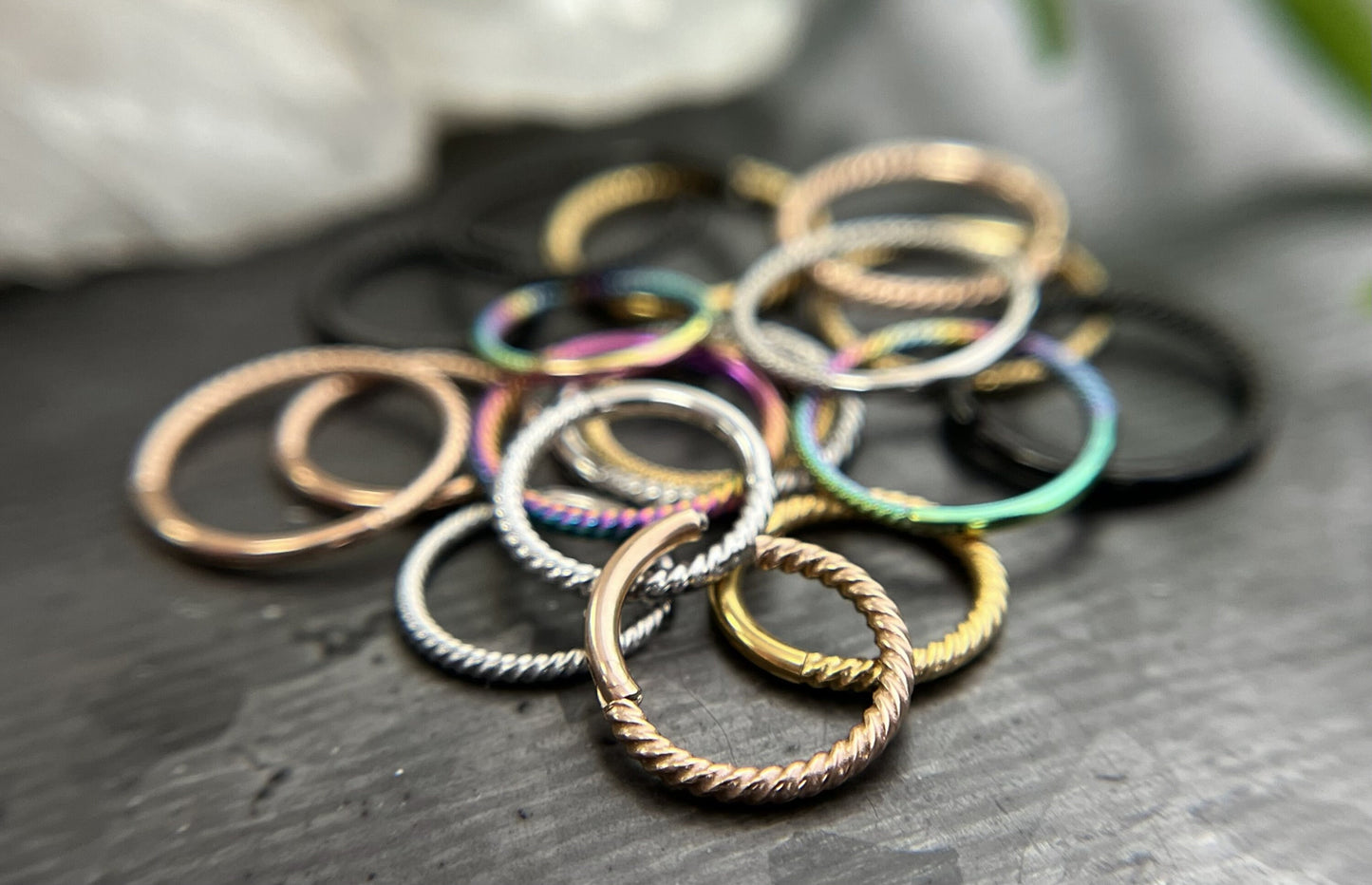 1 Piece Stainless Steel Braided Hinged Segment Septum Ring - 18g & 16g, 8mm or 10mm - Steel, Black, Gold, Rose Gold, and Rainbow available!