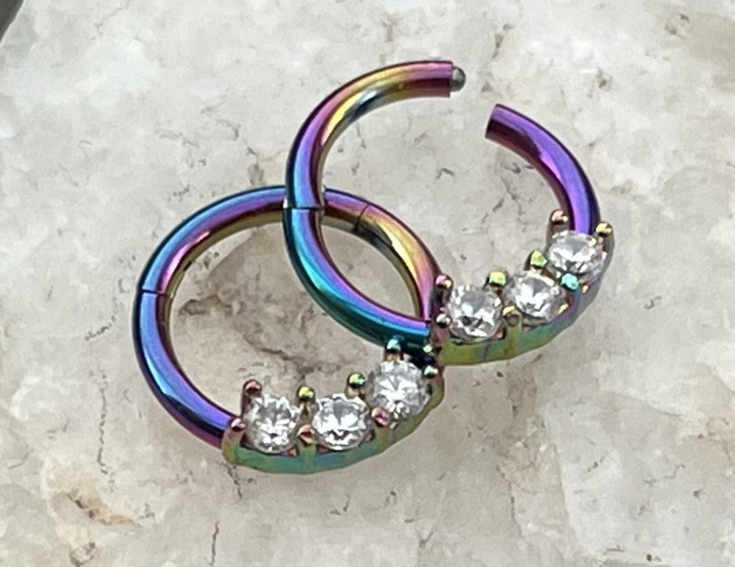 1 Piece Unique Three CZ Gem Stainless Steel Hinged Segment Septum Ring - 16g, 8mm - Steel, Black, Gold, Rose Gold, and Rainbow available!