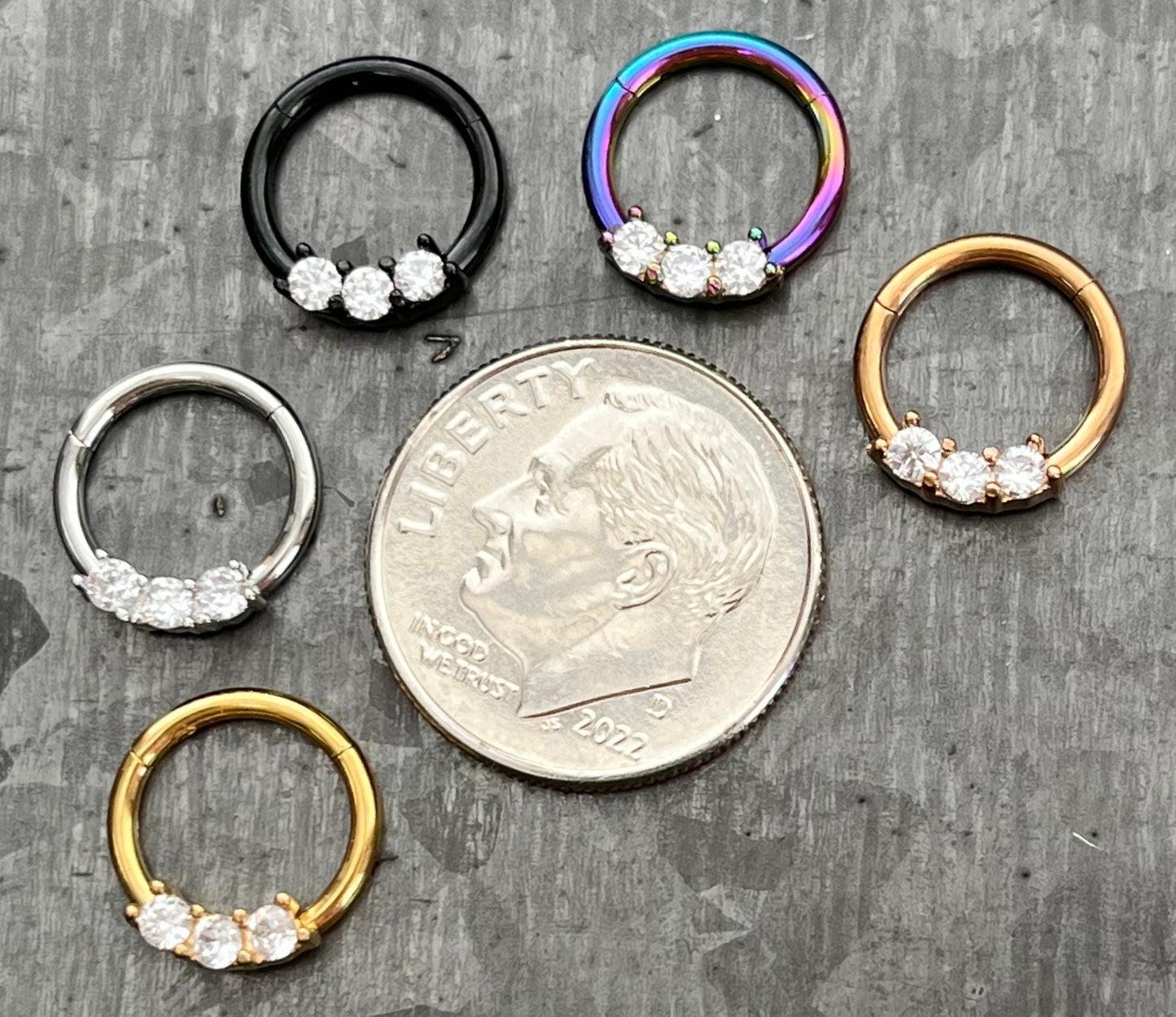 1 Piece Unique Three CZ Gem Stainless Steel Hinged Segment Septum Ring - 16g, 8mm - Steel, Black, Gold, Rose Gold, and Rainbow available!