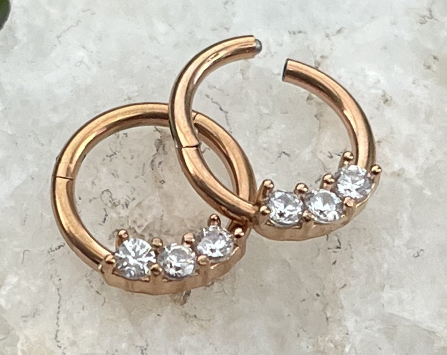1 Piece Unique Three CZ Gem Stainless Steel Hinged Segment Septum Ring - 16g, 8mm - Steel, Black, Gold, Rose Gold, and Rainbow available!