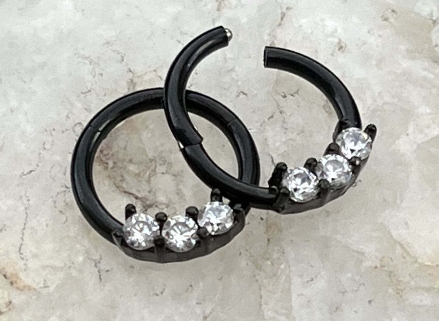 1 Piece Unique Three CZ Gem Stainless Steel Hinged Segment Septum Ring - 16g, 8mm - Steel, Black, Gold, Rose Gold, and Rainbow available!