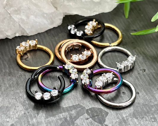 1 Piece Unique Three CZ Gem Stainless Steel Hinged Segment Septum Ring - 16g, 8mm - Steel, Black, Gold, Rose Gold, and Rainbow available!