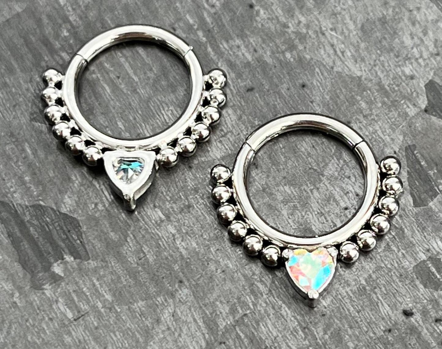 1 Piece of Stunning CZ Gem Heart Lined with Steel Balls Hinged Segment Septum Ring - 16g, 8mm - Aurora Borealis, Clear & Pink Available!