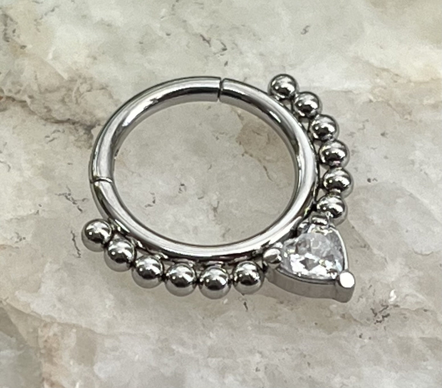 1 Piece of Stunning CZ Gem Heart Lined with Steel Balls Hinged Segment Septum Ring - 16g, 8mm - Aurora Borealis, Clear & Pink Available!