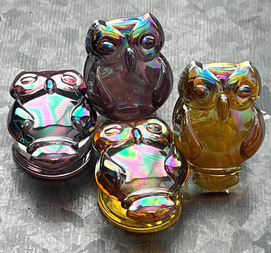 Pair of Stunning Aurora Borealis Owl Design Pyrex Glass Plugs - Gauges 2g (6mm) through 1" (25mm) - Orange or Purple Available!