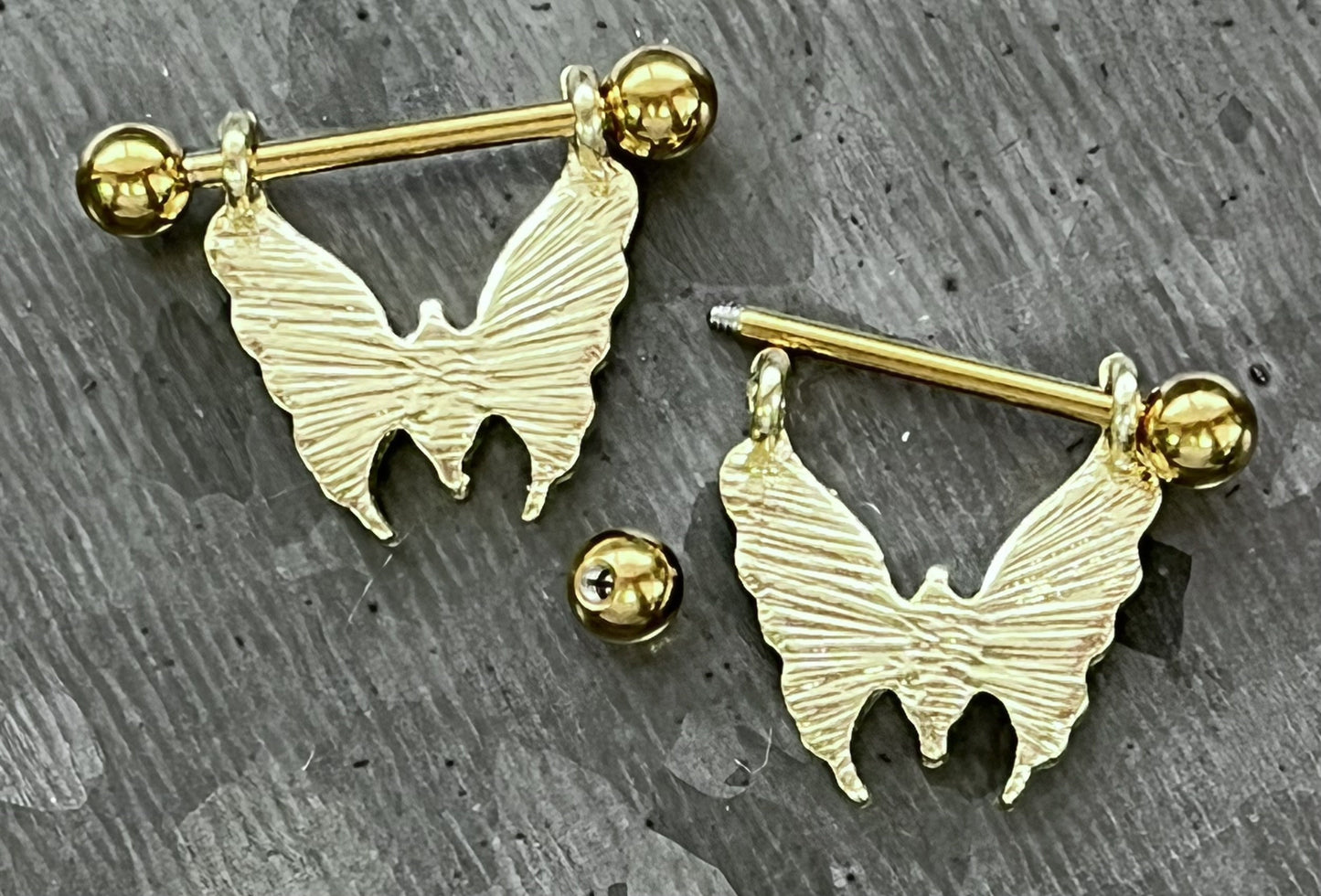 PAIR of Crystal Gem Paved Butterfly Dangle Nipple Rings- 14g - Length 14mm - Aurora Borealis, Clear, Gold, Rose Gold or Vitrial Medium!