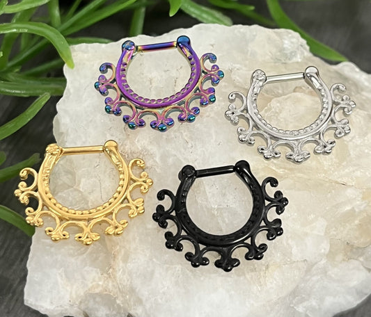 1 Piece Stunning 100% Surgical Steel Laced Edge Clicker Septum Ring- 16g -Internal Diameter 8mm -Gold, Rose Gold, Rainbow & Steel Available!