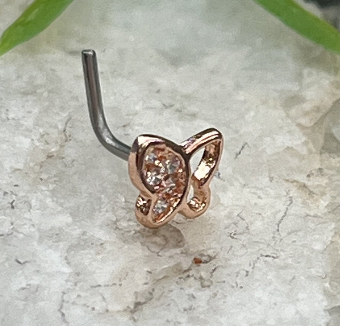 1 Piece Unique CZ Paved Butterfly L-Bend 316L Surgical Steel Nose Ring/Stud - 20g - Steel, Steel/Pink, Gold and Rose Gold Available!