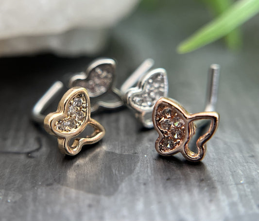 1 Piece Unique CZ Paved Butterfly L-Bend 316L Surgical Steel Nose Ring/Stud - 20g - Steel, Steel/Pink, Gold and Rose Gold Available!