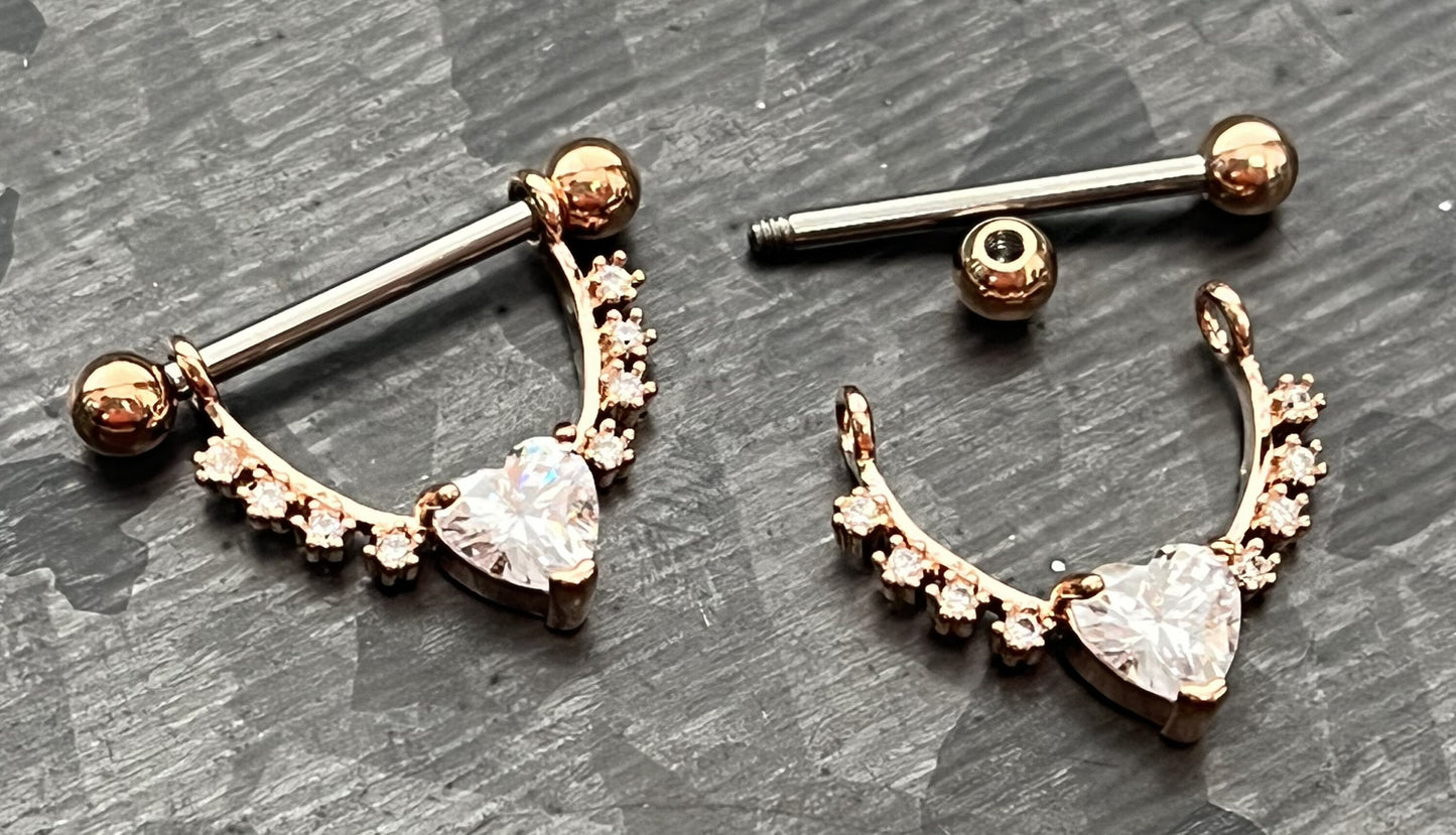 PAIR of Lined CZ Gems w/ Heart CZ Gem Steel Dangle Nipple Barbells/Shield - 14g, 12mm wearable length in Silver, Gold, Rose Gold & Pink
