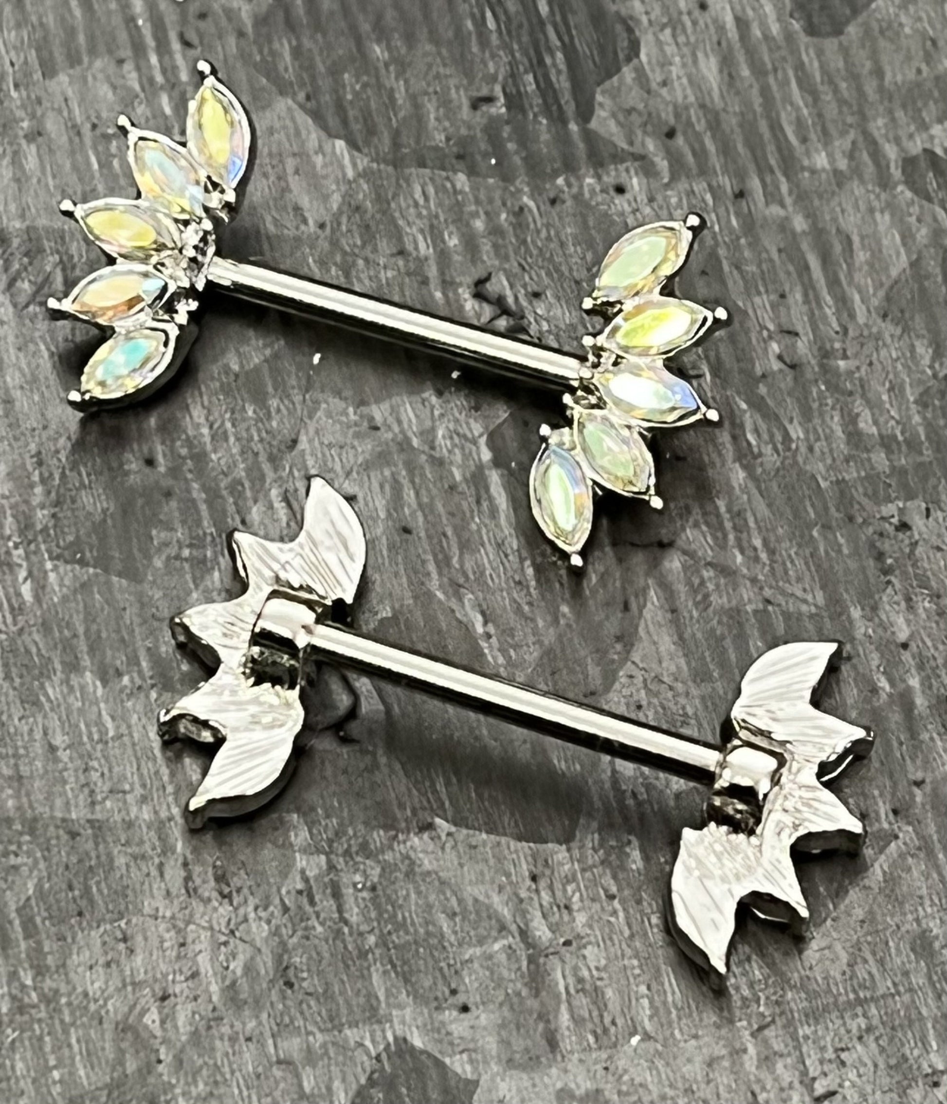 PAIR of Stunning Marquise Crystal Gem Fans Steel Nipple Barbells/Rings - 14g, 12mm Wearable Length in Aurora Borealis, Clear & Pink!