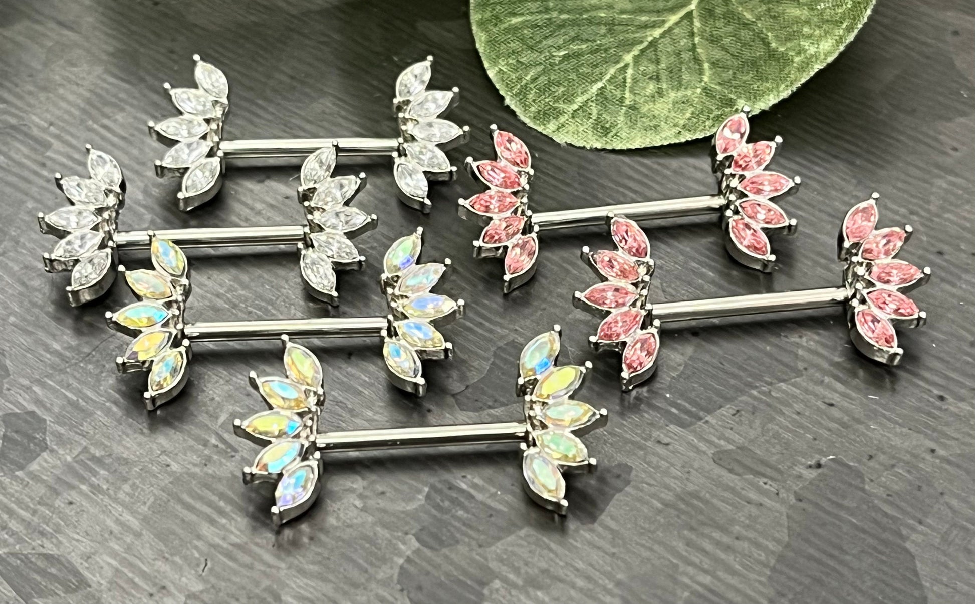 PAIR of Stunning Marquise Crystal Gem Fans Steel Nipple Barbells/Rings - 14g, 12mm Wearable Length in Aurora Borealis, Clear & Pink!