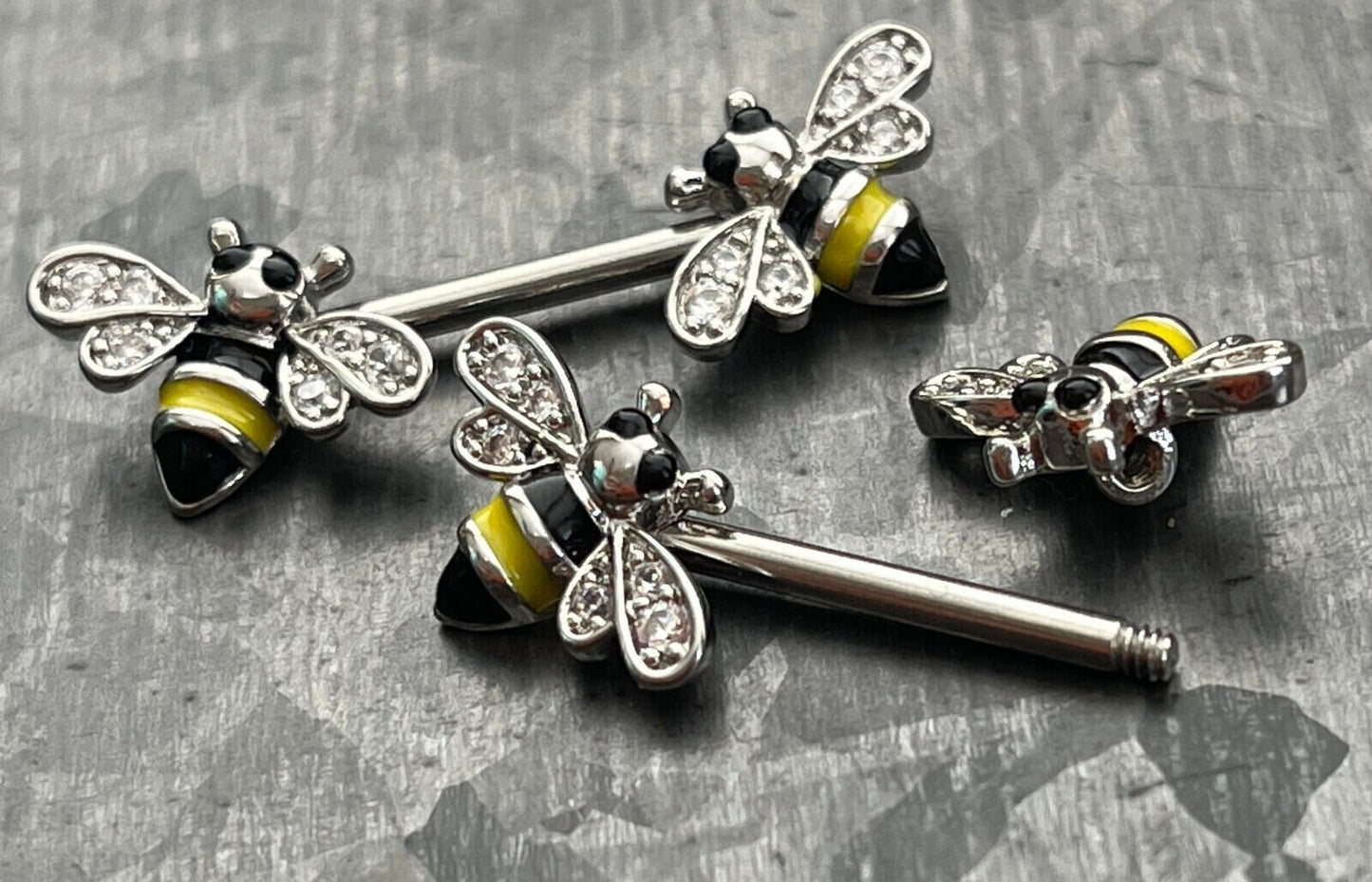 PAIR of Unique Bumblebee Nipple Rings with CZ Gem Bee Wings Steel Barbells - 16g - Wearable Length