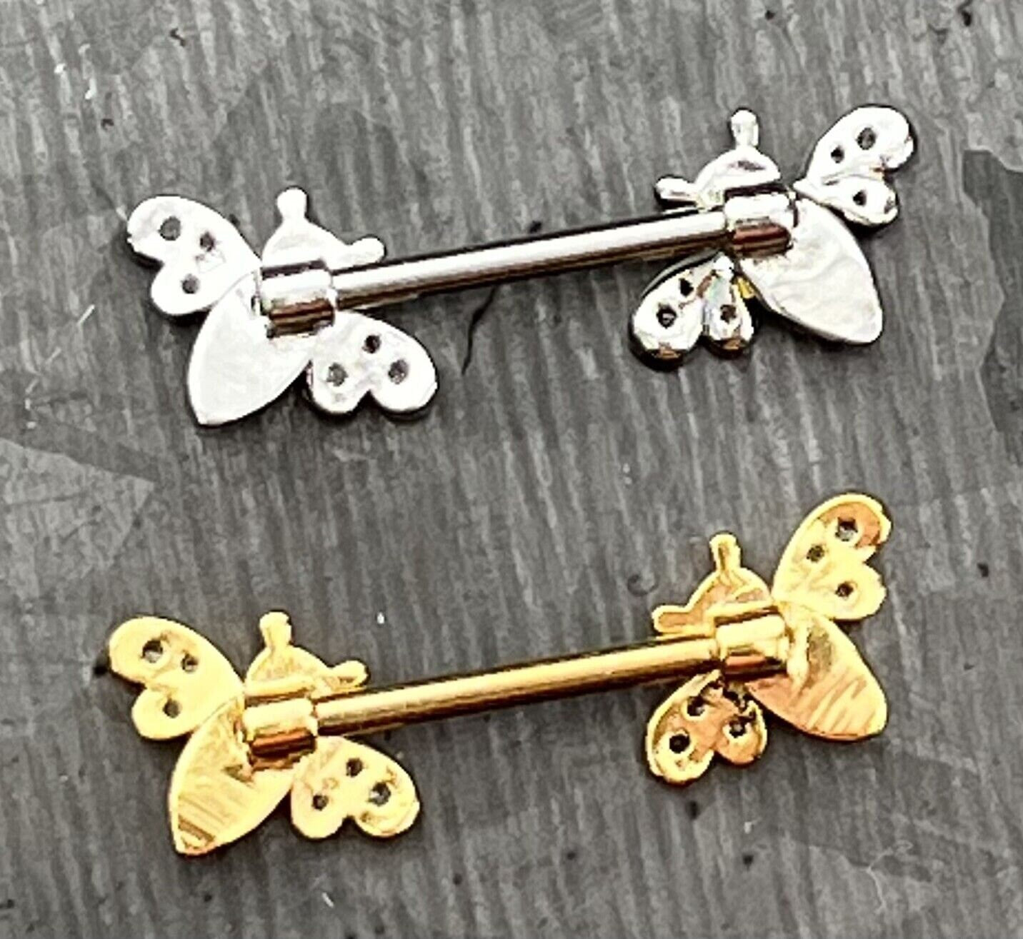 PAIR of Unique Bumblebee Nipple Rings with CZ Gem Bee Wings Steel Barbells - 16g - Wearable Length