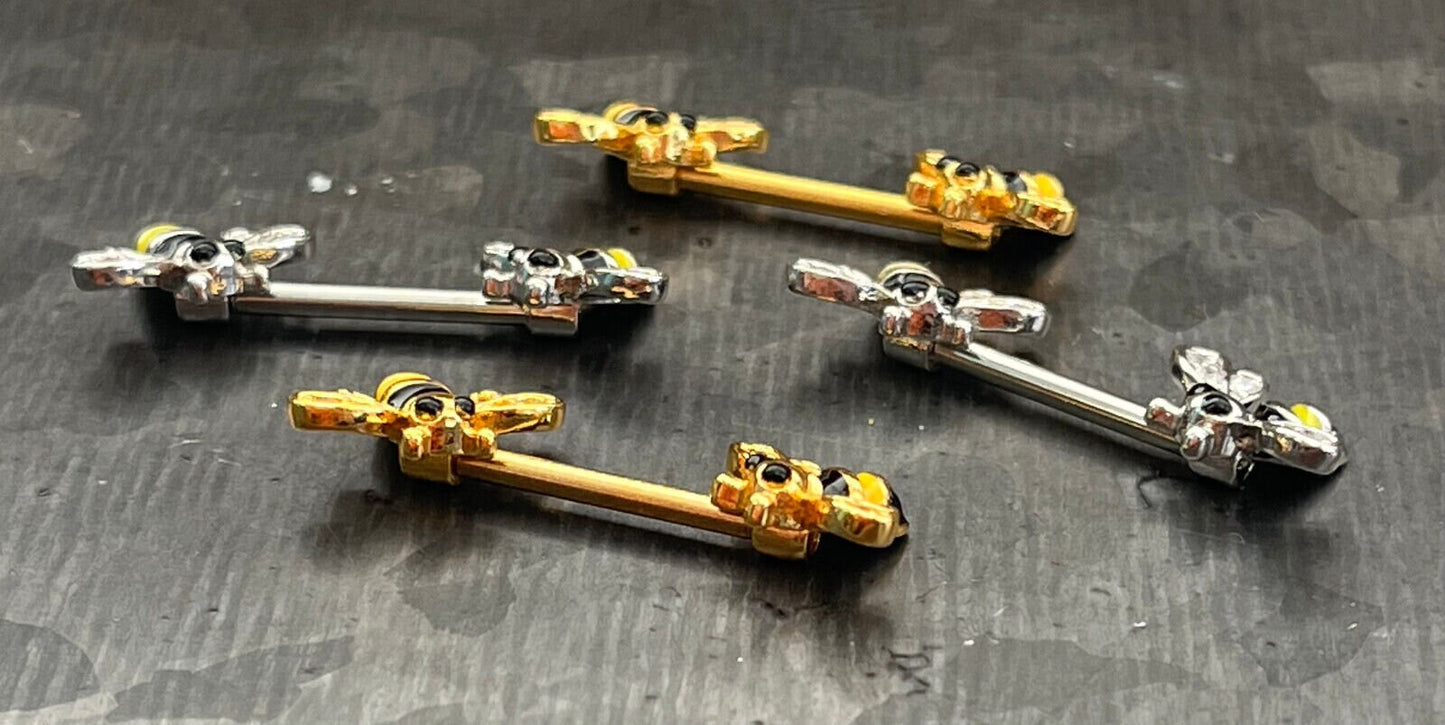 PAIR of Unique Bumblebee Nipple Rings with CZ Gem Bee Wings Steel Barbells - 16g - Wearable Length