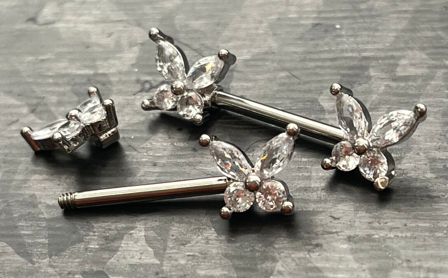 PAIR of Stunning CZ Gem Wings Butterfly Nipple Barbell/Rings - 14g - Wearable Length 10mm, Gold and Silver Available!