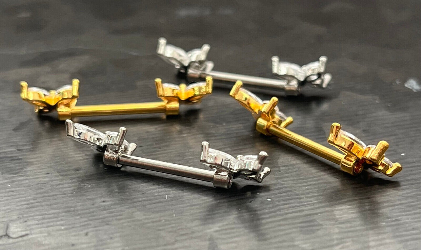 PAIR of Stunning CZ Gem Wings Butterfly Nipple Barbell/Rings - 14g - Wearable Length 10mm, Gold and Silver Available!