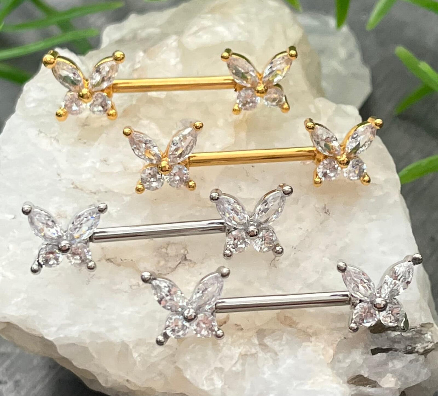 PAIR of Stunning CZ Gem Wings Butterfly Nipple Barbell/Rings - 14g - Wearable Length 10mm, Gold and Silver Available!