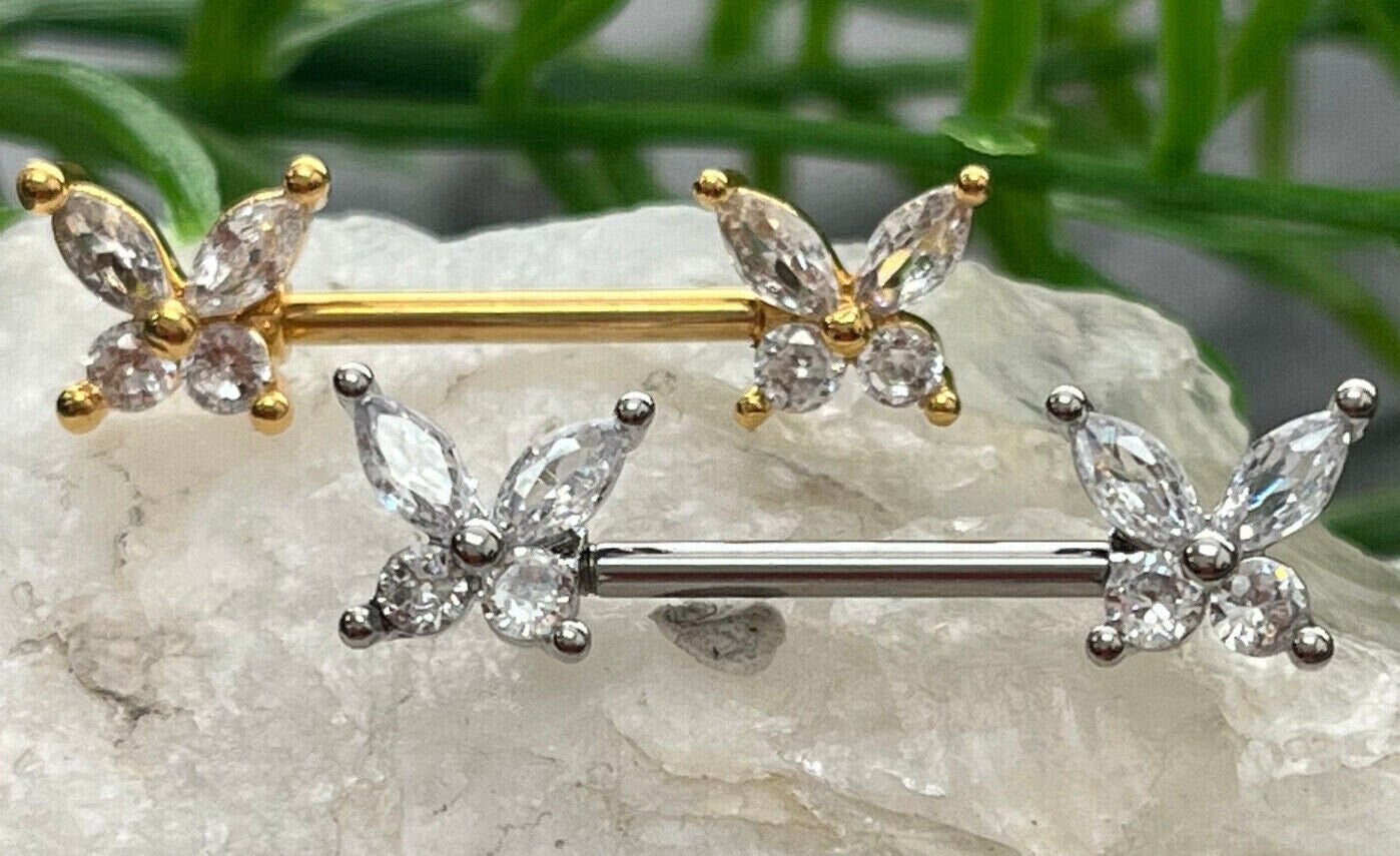 PAIR of Stunning CZ Gem Wings Butterfly Nipple Barbell/Rings - 14g - Wearable Length 10mm, Gold and Silver Available!