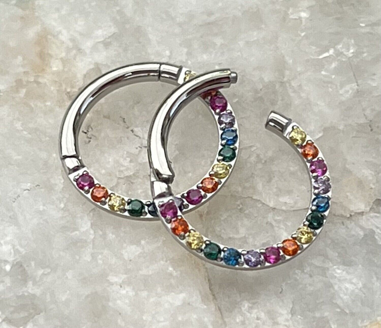 1 Piece Stunning Rainbow CZ Prong Set Front Hinged Segment Septum Ring - 16g - Internal Diameter 6mm, 8mm or 10mm available!