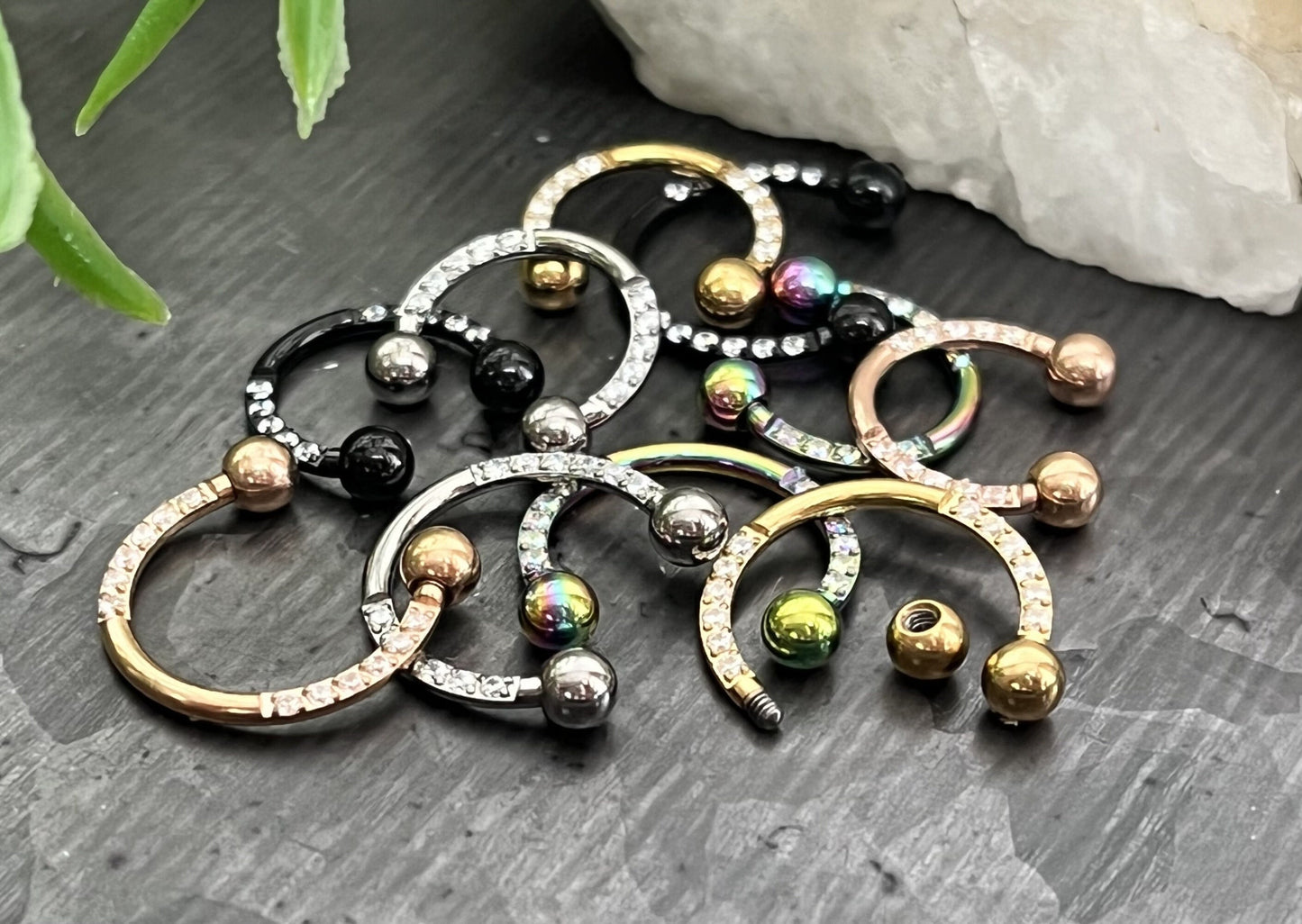 1 Piece Unique Titanium CZ Gem Sides Circular Barbell Horseshoe - 16g - 8 or 10mm- Black, Gold, Multi-Color, Rose Gold and Silver Available!