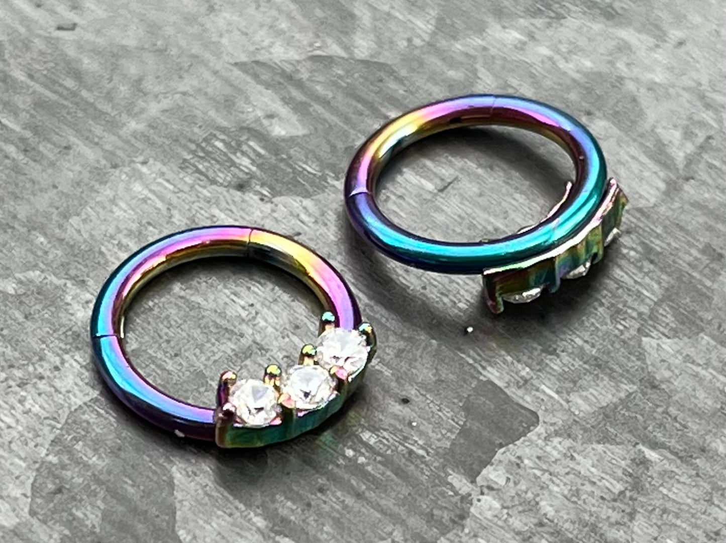 1 Piece Unique Three CZ Gem Stainless Steel Hinged Segment Septum Ring - 16g, 8mm - Steel, Black, Gold, Rose Gold, and Rainbow available!