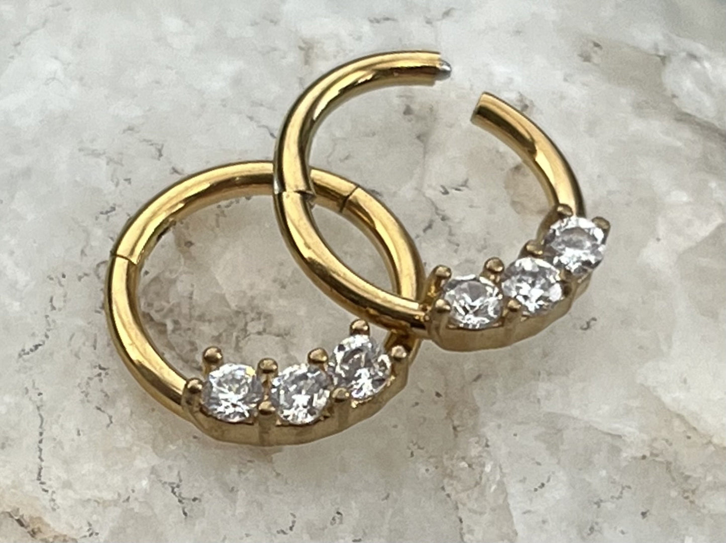 1 Piece Unique Three CZ Gem Stainless Steel Hinged Segment Septum Ring - 16g, 8mm - Steel, Black, Gold, Rose Gold, and Rainbow available!