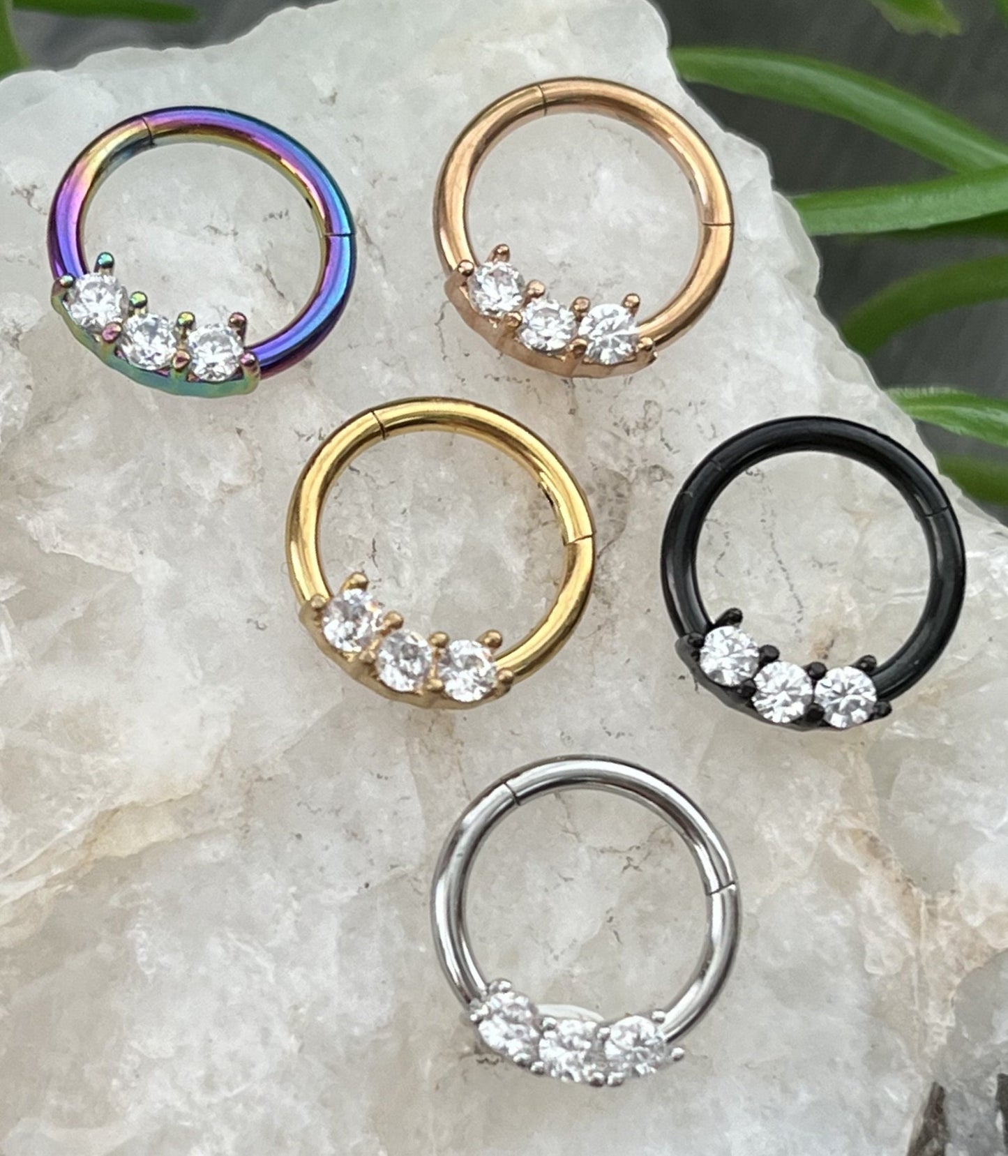 1 Piece Unique Three CZ Gem Stainless Steel Hinged Segment Septum Ring - 16g, 8mm - Steel, Black, Gold, Rose Gold, and Rainbow available!