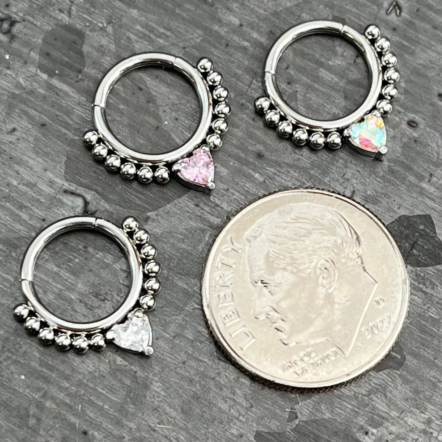 1 Piece of Stunning CZ Gem Heart Lined with Steel Balls Hinged Segment Septum Ring - 16g, 8mm - Aurora Borealis, Clear & Pink Available!