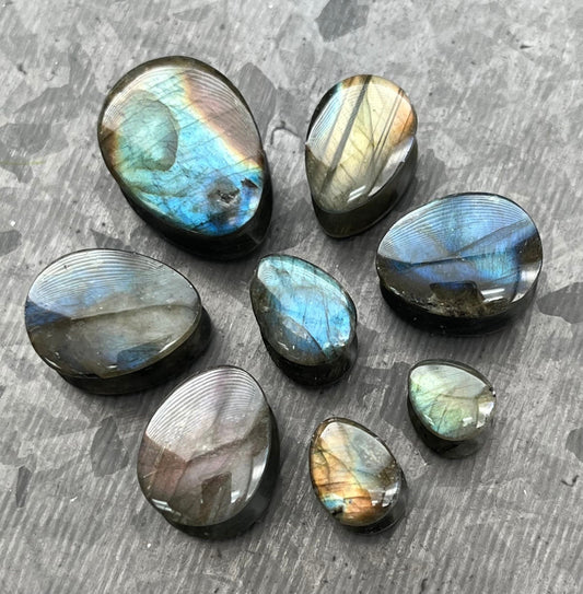 PAIR of Beautiful AAA Grade Labradorite Teardrop Natural Stone Double Flare Plugs/Tunnels - Gauges 2g (6mm) up to 3/4" (19mm) available!