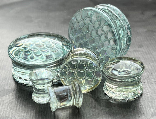 PAIR of Stunning Holographic Dragon / Fish Scale Design Pyrex Glass Plugs - Gauge 2g (6mm) thru 1" (25mm) Available!