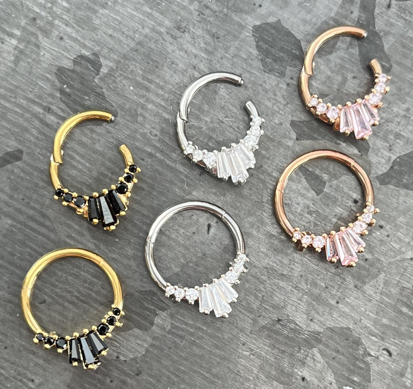 1 Piece Stunning Three Baguette Gems Fan Hinged Segment Septum Ring - 16g - 10mm & 8mm - Gem Color - Clear, Pink, Black Available!