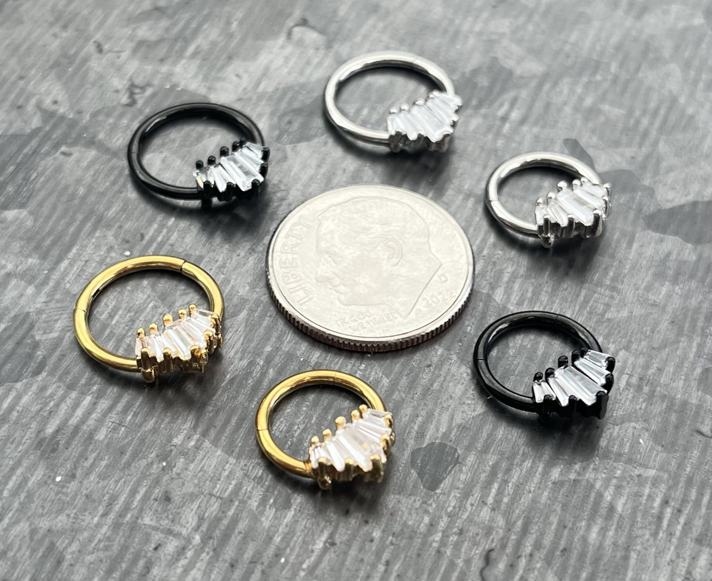 1 Piece of Unique Five Baguette Gems Fan Hinged Segment Septum Ring - 10mm & 8mm - Black, Gold and Silver Available!