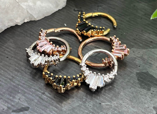 1 Piece Stunning Three Baguette Gems Fan Hinged Segment Septum Ring - 16g - 10mm & 8mm - Gem Color - Clear, Pink, Black Available!