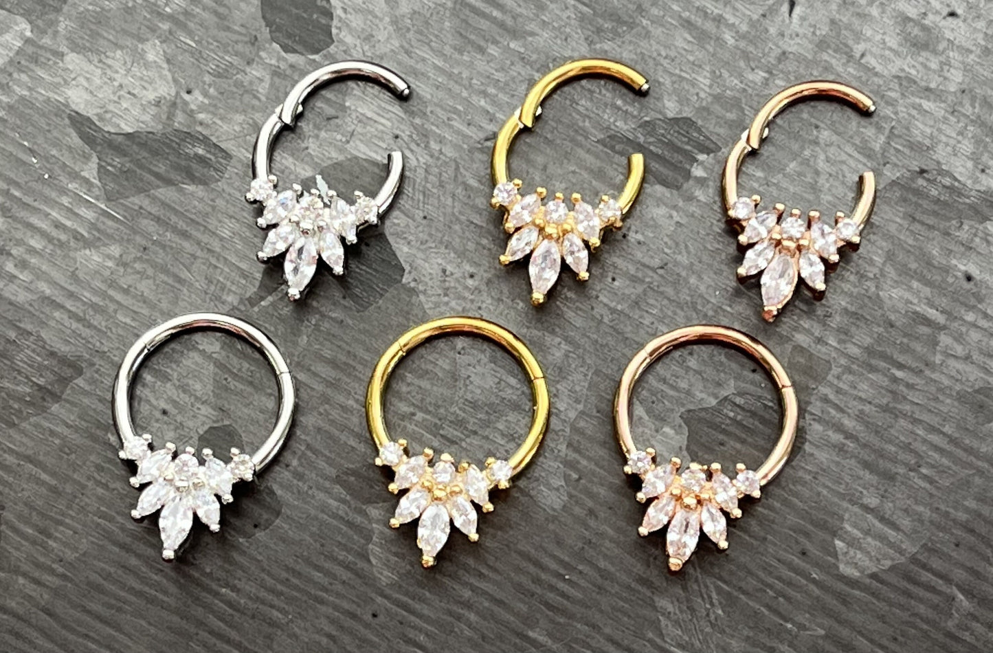 1 Piece of Stunning Marquise Gems Flower Hinged Segment Septum Ring - 10mm & 8mm -Silver, Gold and Rose Gold Available!