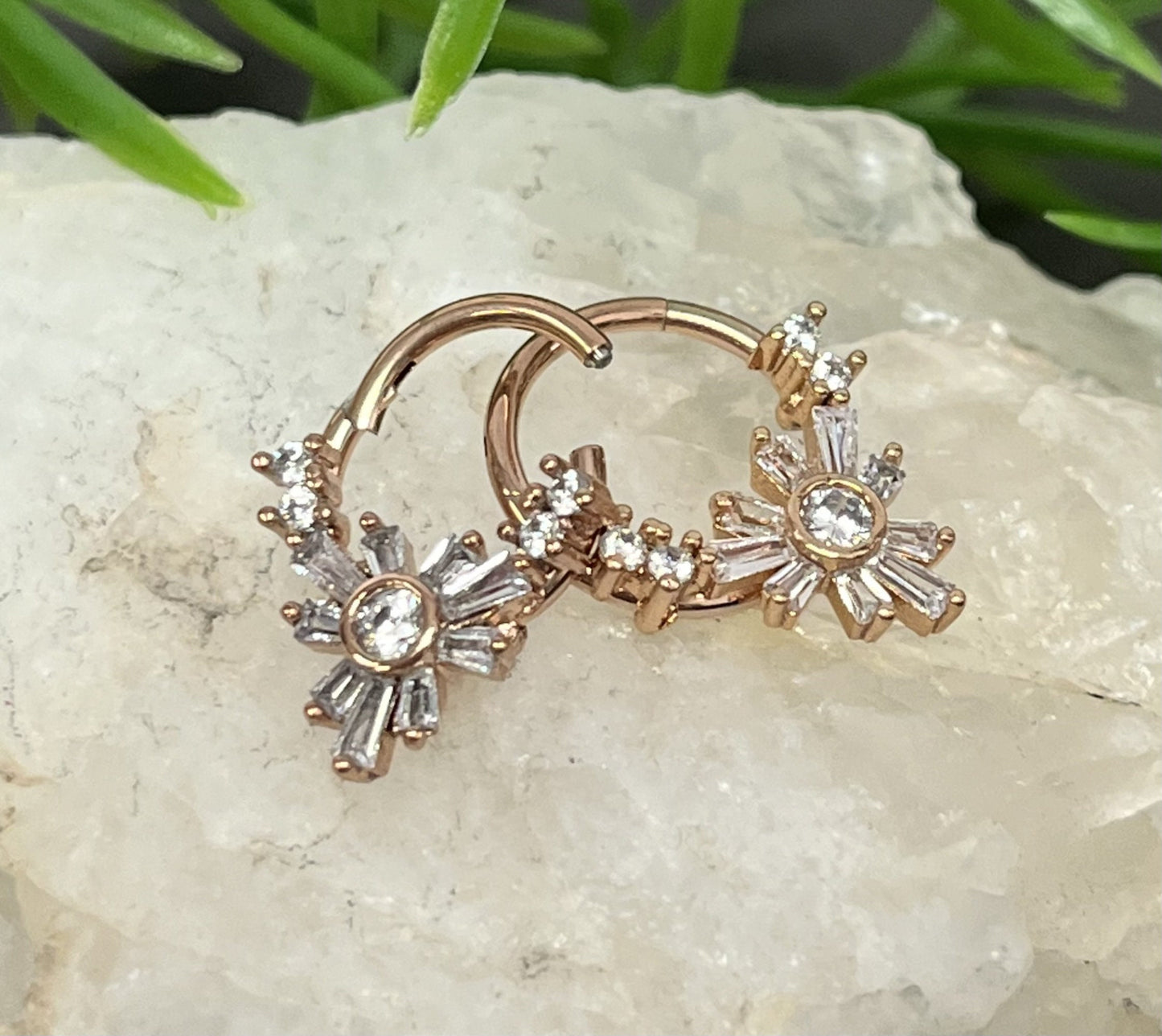 1 Piece of Unique Baguette Gems Flower Hinged Segment Septum Ring - 10mm & 8mm -Silver, Gold and Rose Gold Available!