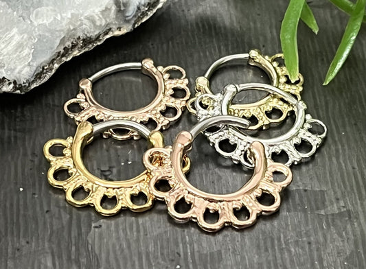 1 Piece Unique Tribal Fan Design Steel Septum Clicker Ring - 16g or 14g - 10mm Internal Diameter - Available in Steel, Gold and Rose Gold!