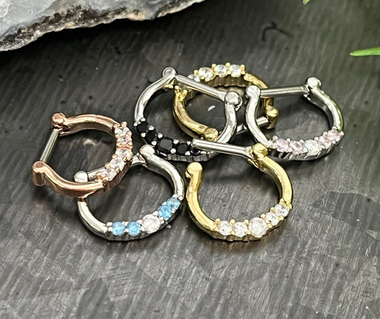 1 Piece Stunning Five CZ Gem Stainless Steel Clicker Segment Septum Ring - 16g or 14g - Clear, Black, Gold, Pink and Rose Gold Available!