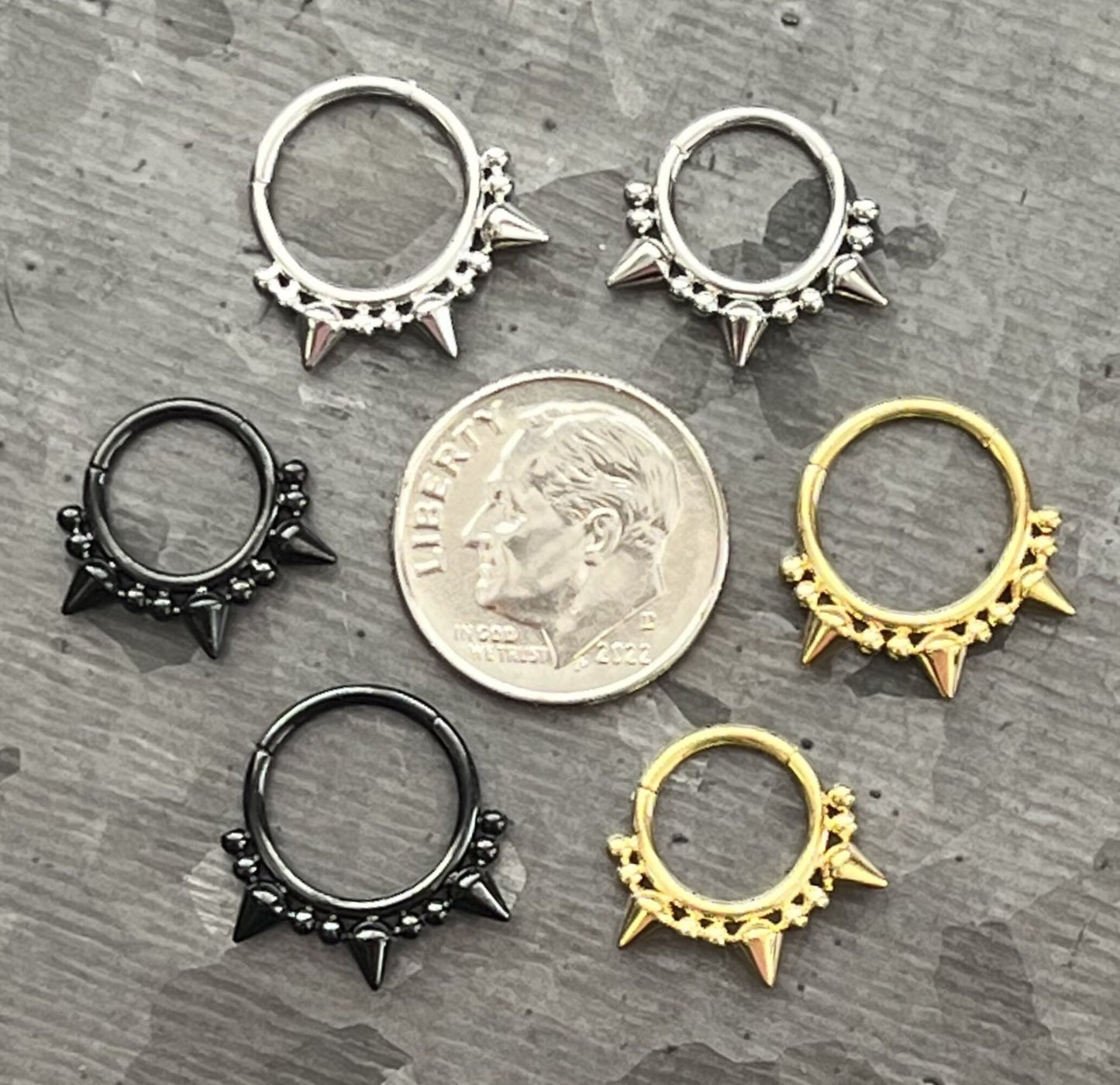 1 Piece Unique Three Spikes and Double Ball Steel Hinged Segment Septum Ring- 16g - 10mm or 8mm - Silver, Gold & Black available!