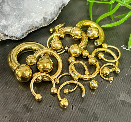 1 Piece Gold Circular Barbell Horseshoe Ring - 18g, 16g, 14g, 12g, 10g, 8g, 6g, 4g 2g with Assorted Internal Diameter and Ball Size!!