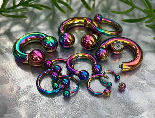 PAIR of Unique Rainbow Titanium Anodized Circular Barbell Horseshoe Ring - 18g thru 2g and Assorted Ball Size!!
