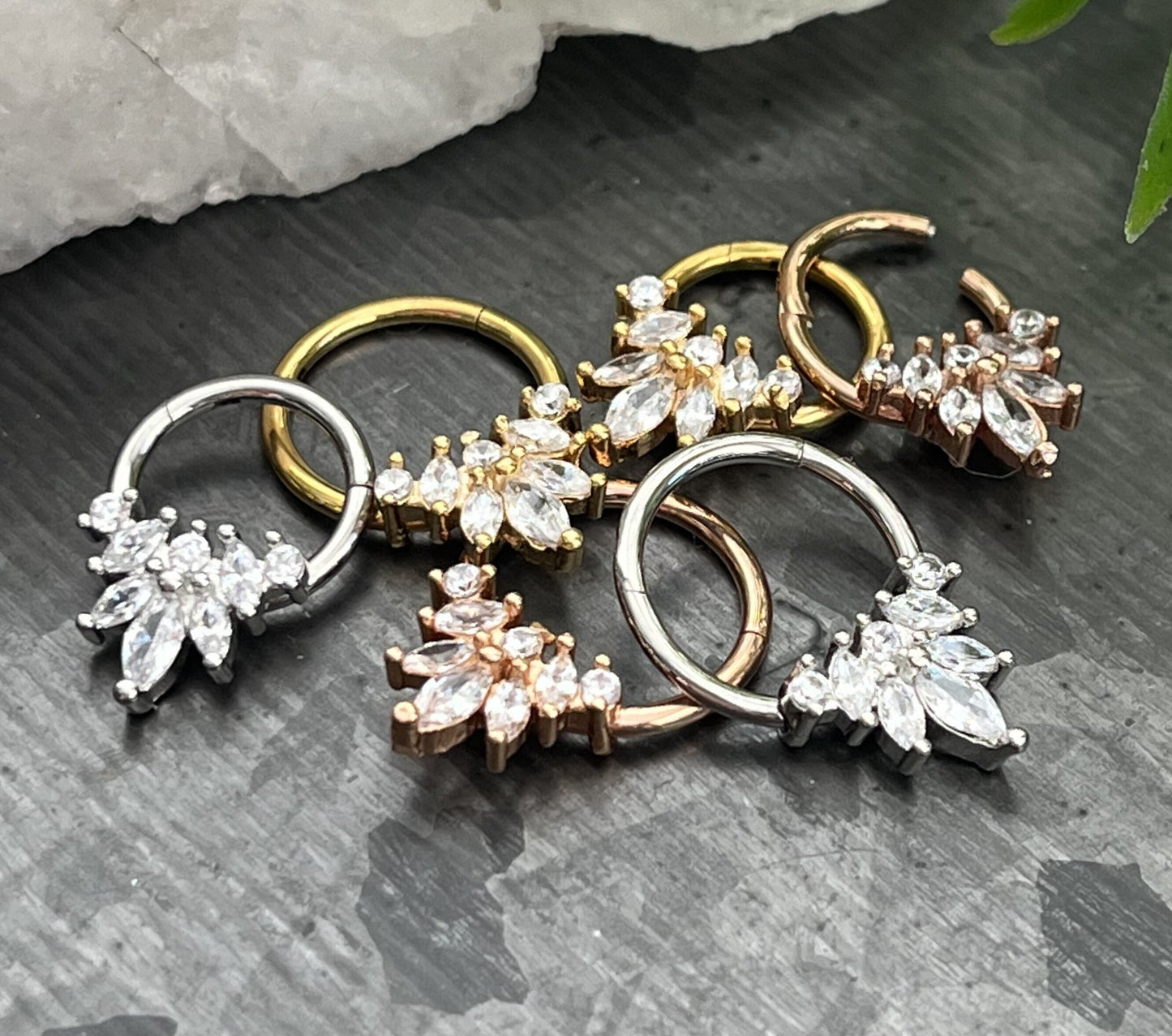 1 Piece of Stunning Marquise Gems Flower Hinged Segment Septum Ring - 10mm & 8mm -Silver, Gold and Rose Gold Available!