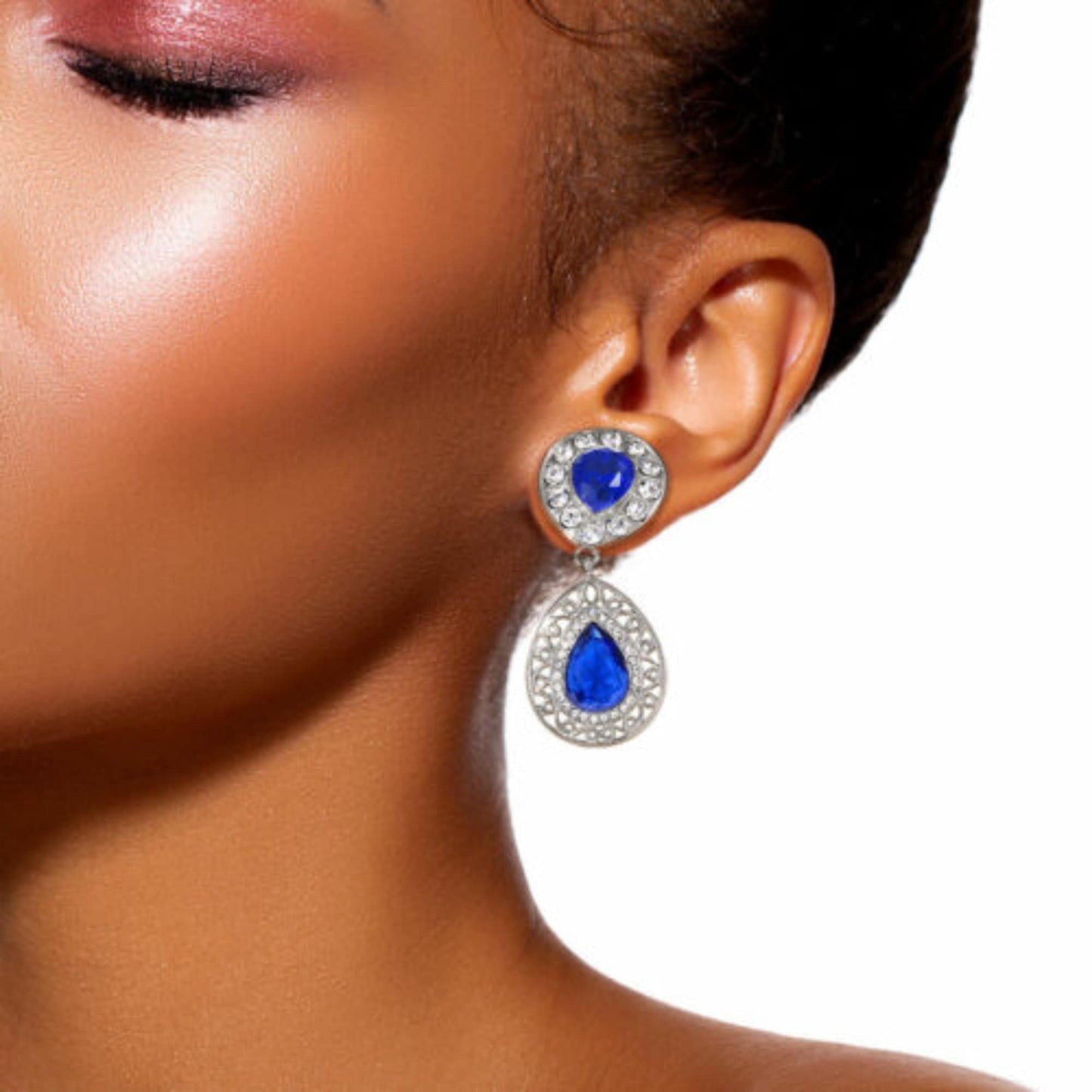 PAIR of Unique Crystal Paved Blue CZ Teardrop Gems w/ Filigree Dangle Screw Fit Tunnels/Plugs - Gauges 0g (8mm) thru 5/8" (16mm) available!