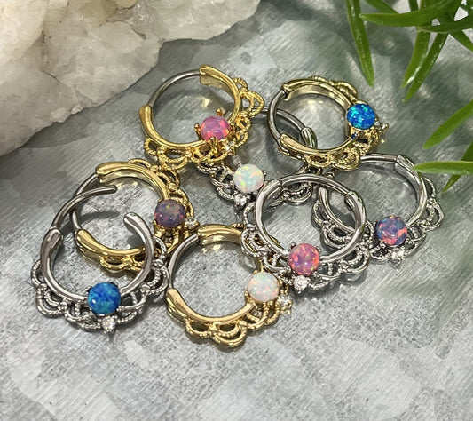 1 Piece Beautiful Lacey Opal & CZ Gem Septum Steel Ring - 16g - 9.5mm Internal Diamater - Blue, Pink, Purple and White in Gold or Silver!!